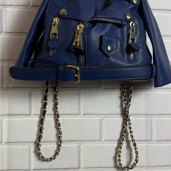Blue Faux Leather Moto Jacket Style Backpack Purse Gold Chain Convertible Bag
